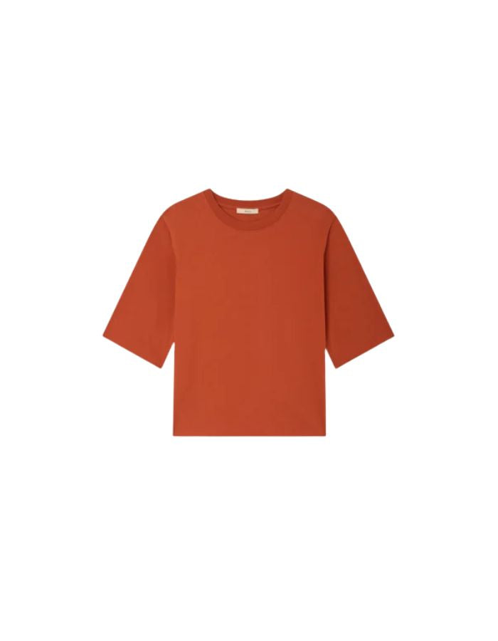 T-shirt col rond à manches courtes pour femme en coton bio orange brûlé avec fentes sur les côtés, modèle T-Shirt Serge couleur Red Muse de la marque Sessùn.