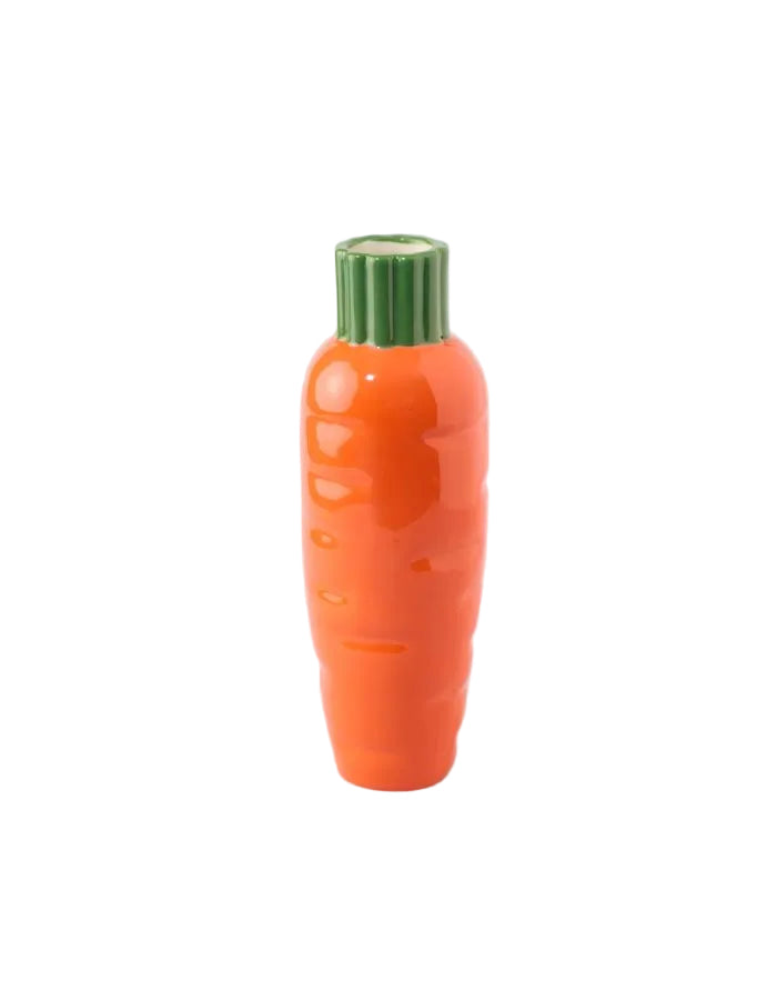 Vase décoratif en céramique orange en forme de carotte avec col vert, design ludique Fluid Market.