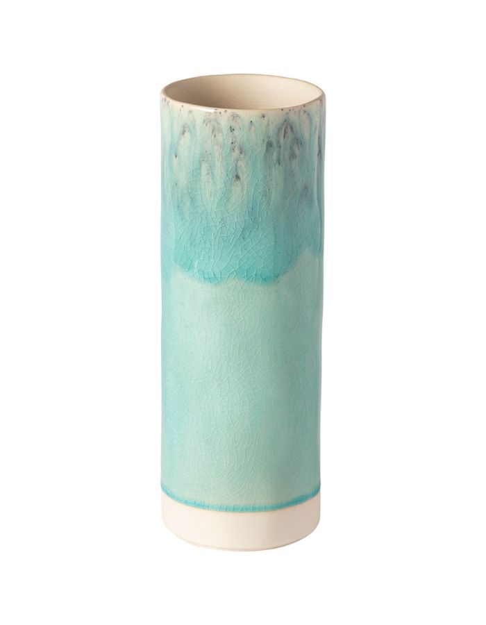 Vase cylindrique Madeira en grès fin bleu turquoise craquelé, émaillage réactif brillant.