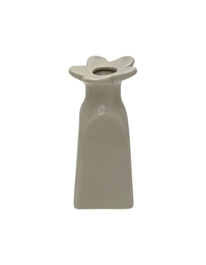 Petit soliflore fleur en faïence couleur sable beige à rayures pour fleurs séchées, hauteur 11,5 cm et diamètre 5,5 cm.