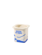 Vase pot yaourt grec en céramique blanche et bleue, design ludique "Greek Yogurt" avec cuillère et paysages.