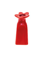 Petit vase soliflor en faïence en forme de fleur à rayures rouges, hauteur 11.5 cm, modèle de la marque OPJET