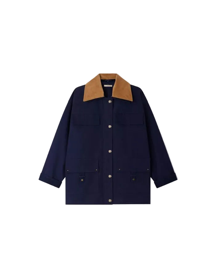 Veste Hugues worker bleu en gabardine de coton avec col amovible en velours côtelé marron et boutons dorés.