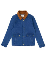Veste courte en jean bleu medium stone pour femme avec col et poignets en velours côtelé, poches plaquées et fermeture zippée sous patte, modèle Velino de la marque La Petite Étoile