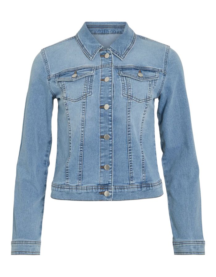 Veste Ligne Blue Denim Vinus Vila femme, col classique, poches plaquées et boutons métalliques.