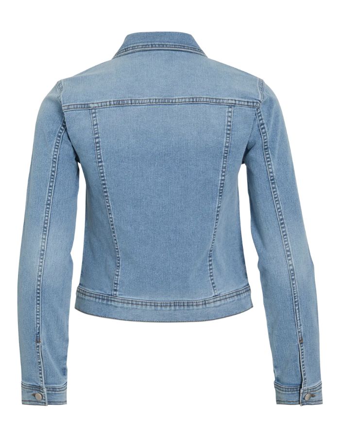 Veste Ligne Blue Denim Vinus Vila pour femme, coupe structurée, col biker, dos uni.