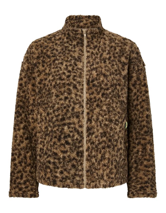 Veste à manches longues pour femme en moumoute teddy à imprimé léopard avec col montant et fermeture zippée, modèle Katty Teddy High-Neck Jacket couleur Tannin Leopard de la marque PIECES.