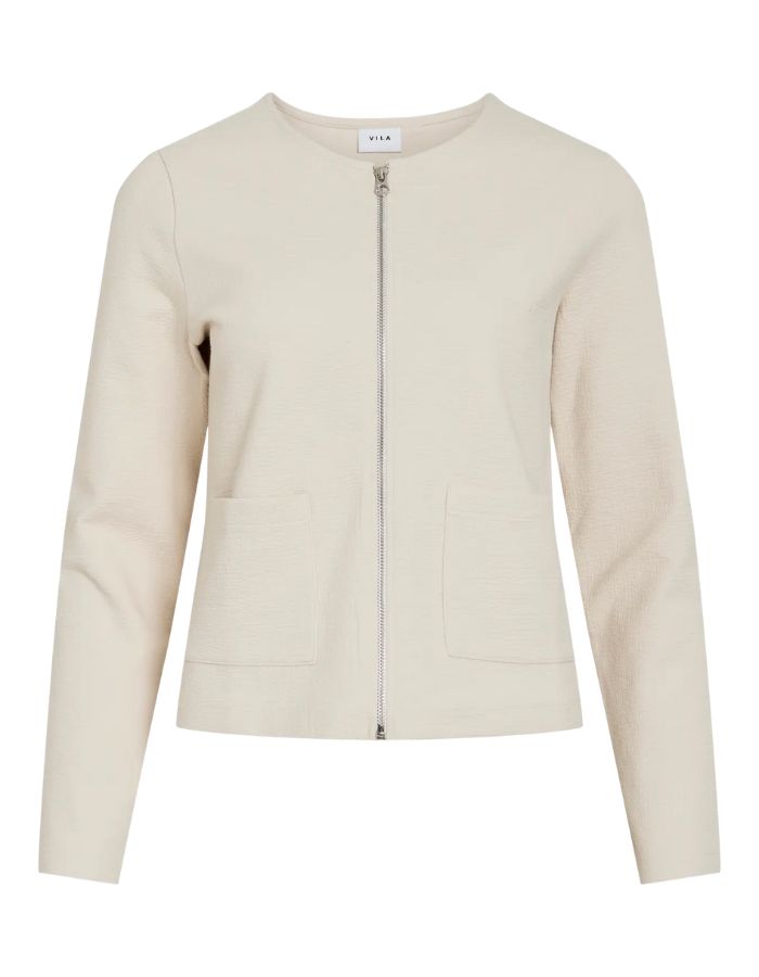 Veste Beige Zippée Garden Vila en maille côtelée, coupe courte, col rond et poches avant.