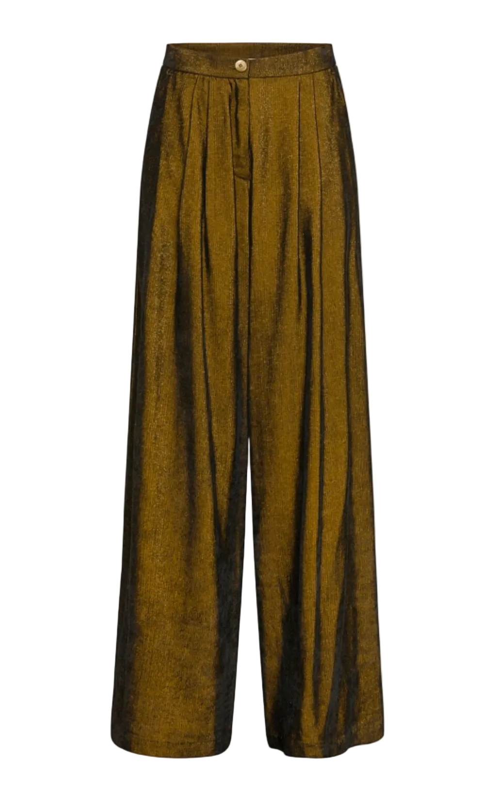 Pantalon Patrice Momonì noir/or en velours milleraies, jambe large évasée, plis, fils lurex.
