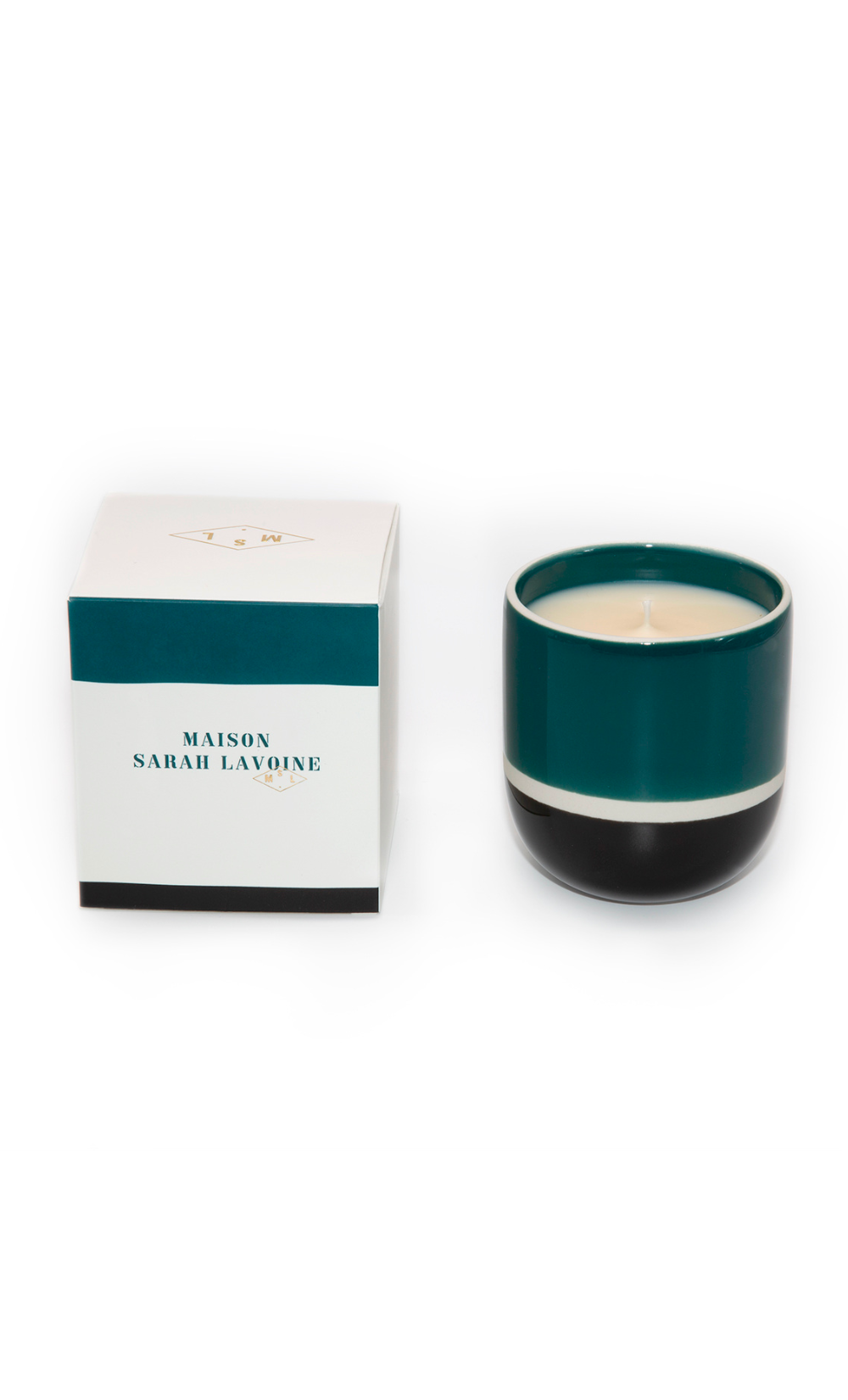 Bougie Passy Figue Maison Sarah Lavoine en céramique bicolore vert foncé et noir, avec sa boîte.