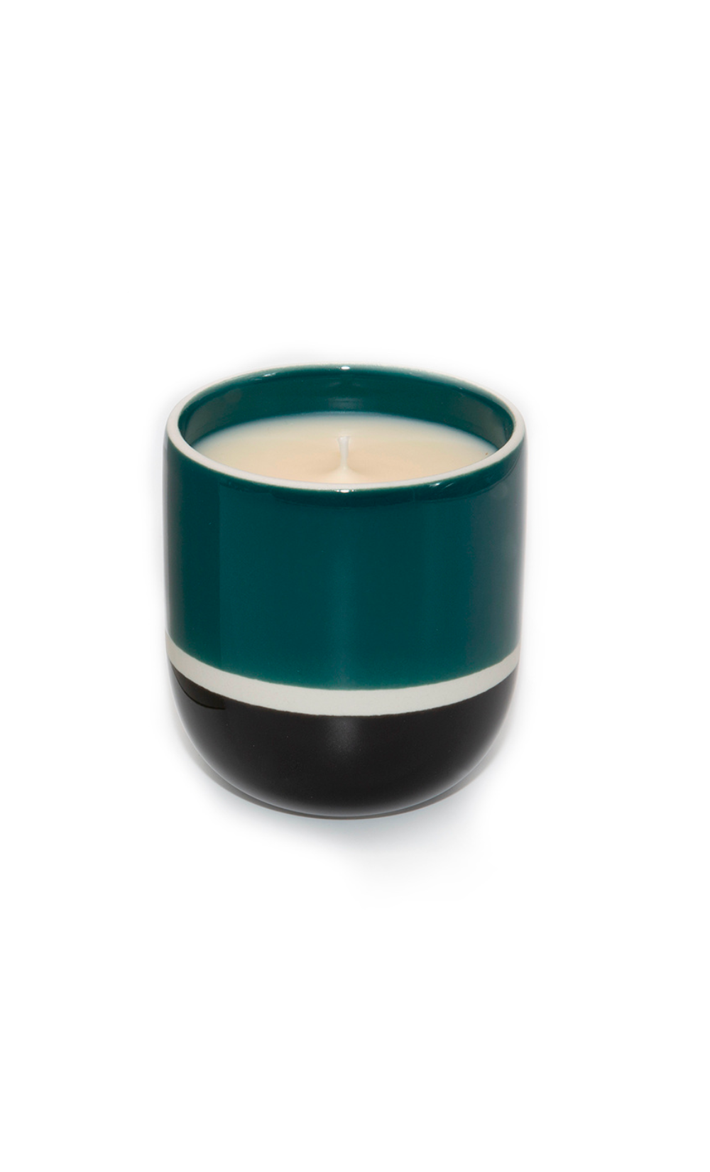 Bougie Passy Figue Maison Sarah Lavoine en céramique vert canard, blanc et noir avec cire et mèche.