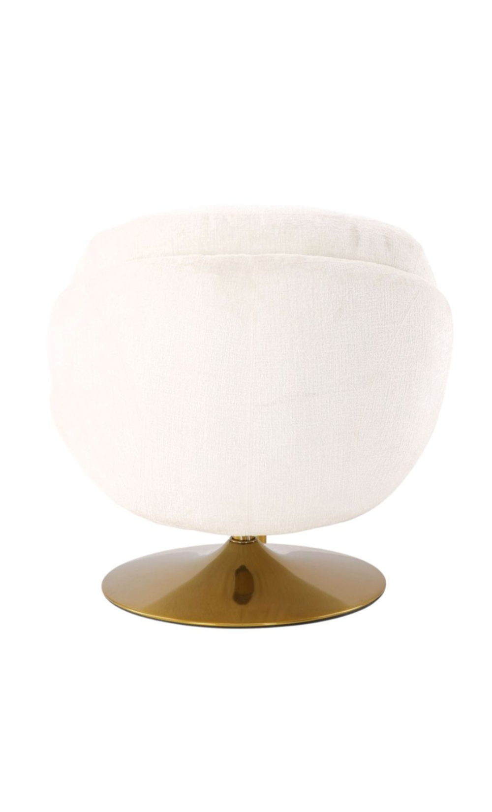 Fauteuil loveuse bouclette blanc rétro avec base pivotante ronde dorée.