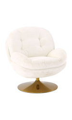 Fauteuil loveuse bouclette blanc rétro avec base pivotante dorée.