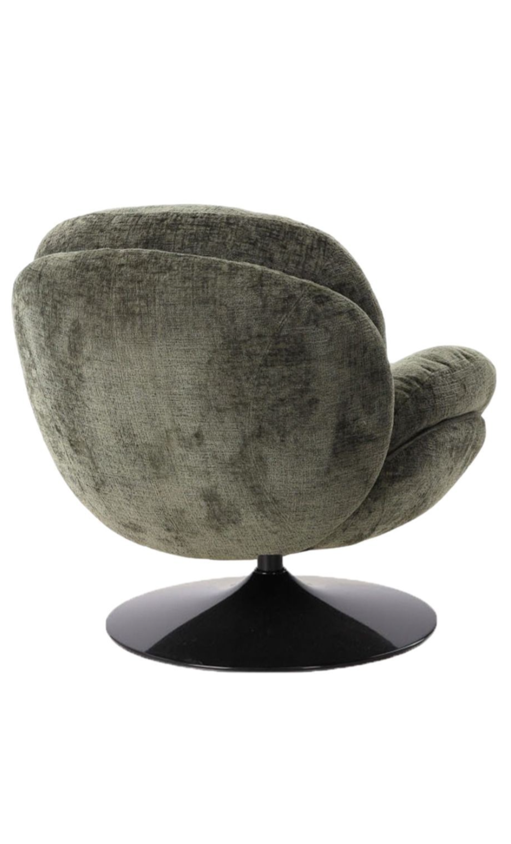 Fauteuil loveuse pivotant en velours kaki avec base ronde noire, style rétro.