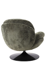 Fauteuil loveuse pivotant en velours kaki avec base ronde noire, style rétro.