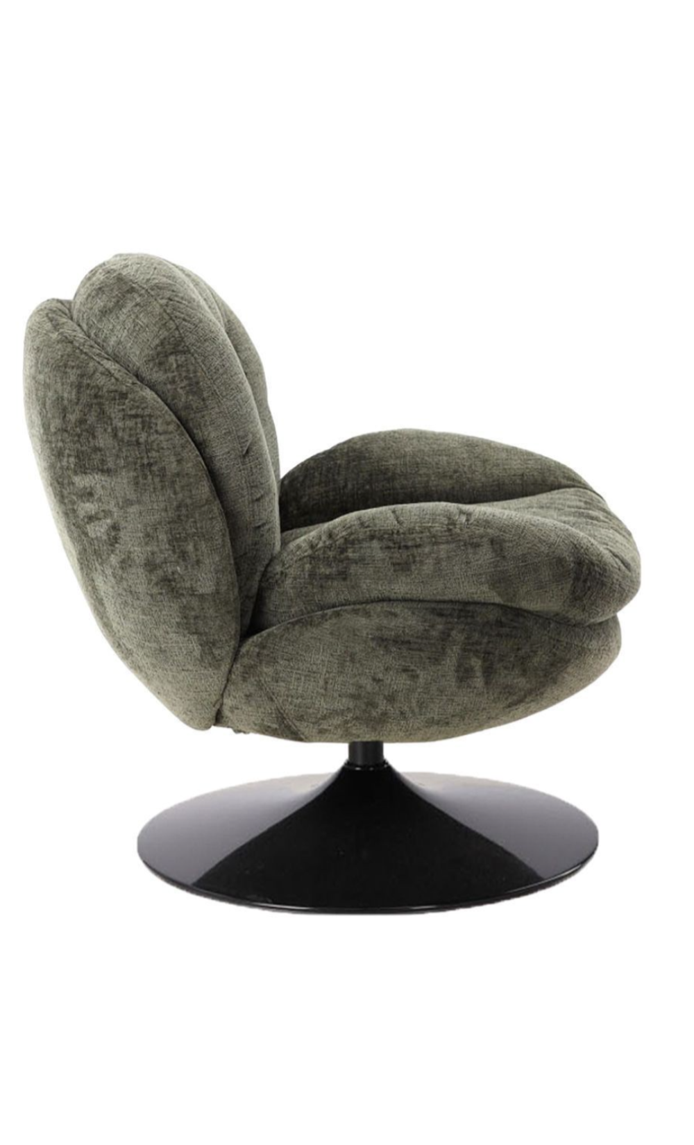 Fauteuil loveuse pivotant en velours kaki avec base ronde noire, design rétro et enveloppant.