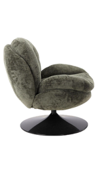 Fauteuil loveuse pivotant en velours kaki avec base ronde noire, design rétro et enveloppant.