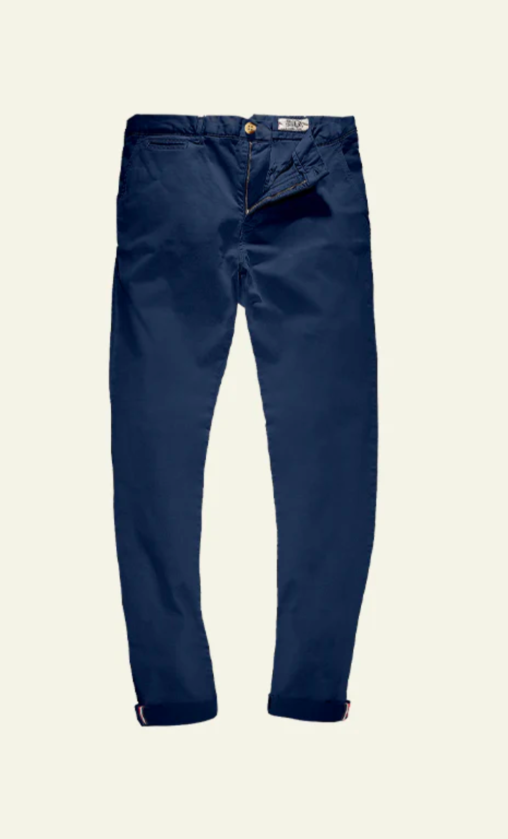 Chino Marseille Dark Navy slim fit avec fermeture éclair ouverte et revers rayé.
