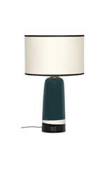 Lampe de table Sicilia H50 Maison Sarah Lavoine, abat-jour blanc bord noir, pied bleu Sarah et noir.