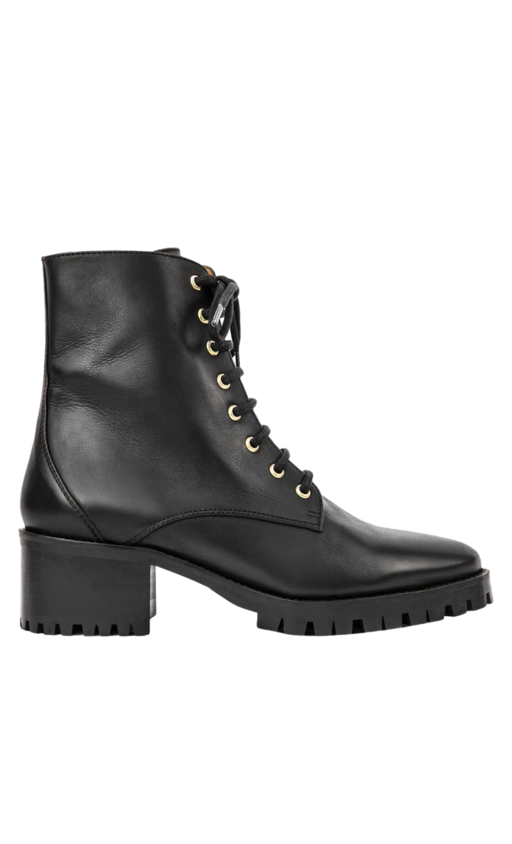 Bottines 70 Rivecour en cuir noir avec lacets dorés, semelle crantée et talon stable de 5,5 cm.