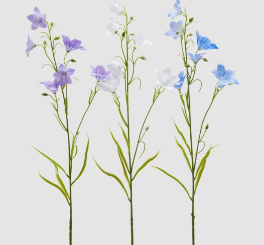 Trois campanules artificielles H70 en plastique, avec feuilles vertes, en blanc, bleu et violet.