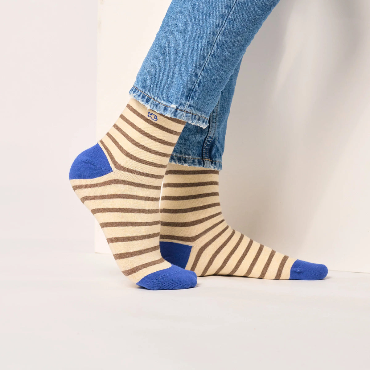Chaussettes à rayures larges - Marron rayé beige (Tailles : Taille un