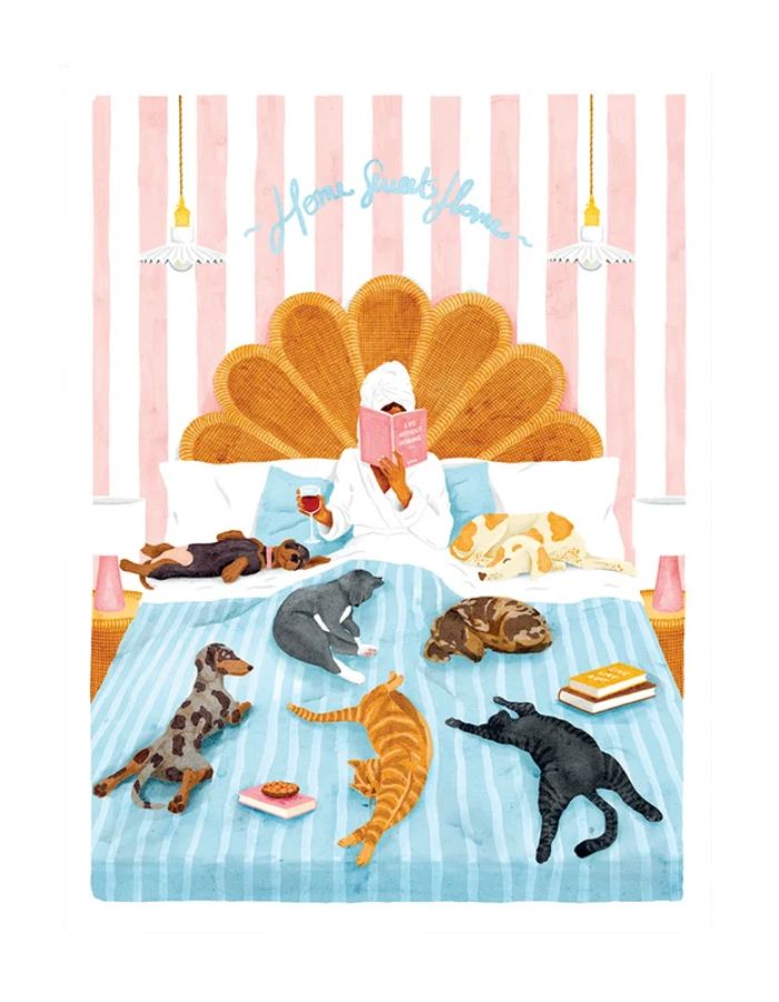 Affiche poster life without humans femme au lit avec chiens et chats aquarelle format medium marque All The Ways To Say