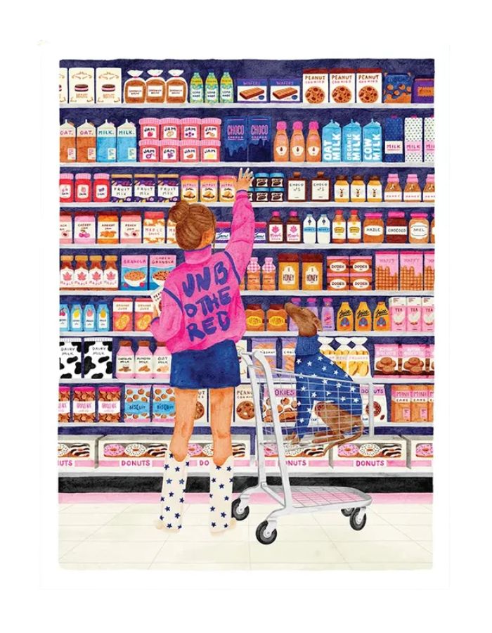 Affiche poster sugar market supermarche biscuits et chien dans le chariot aquarelle format small marque All The Ways To Say