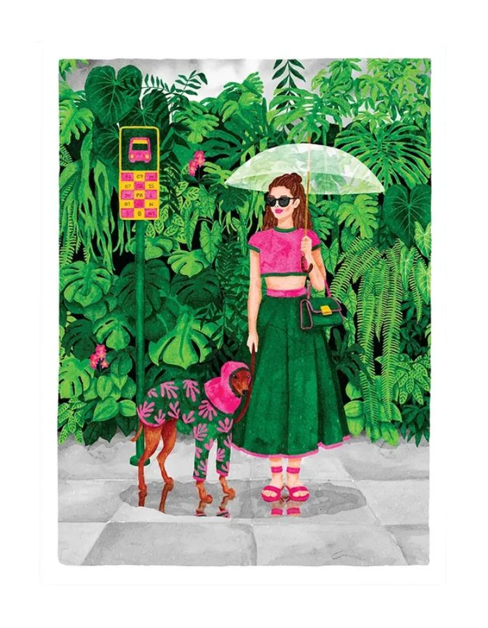 Affiche poster wet season jungle tropicale femme sous la pluie avec chien en impermable aquarelle format medium marque All The Ways To Say