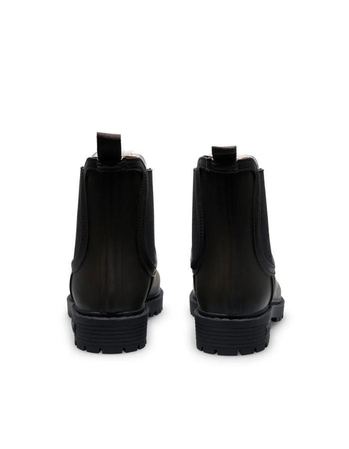 Dos des Bottes de pluie Chelsea marron en caoutchouc naturel avec élastique latéral noir, doublure fausse fourrure et semelle crantée