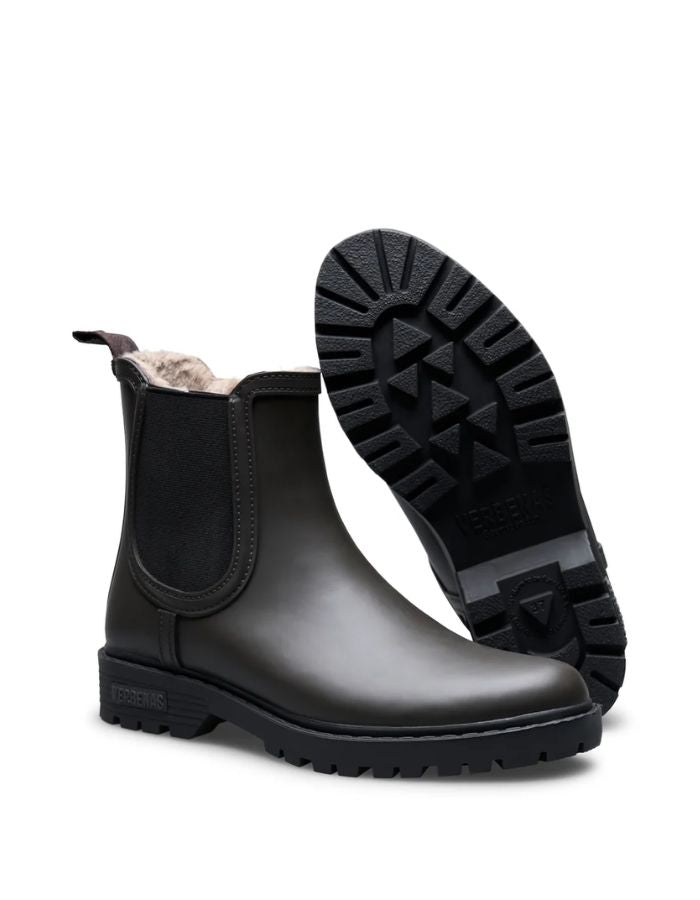 Semelle des Bottes de pluie Chelsea marron en caoutchouc naturel avec élastique latéral noir, doublure fausse fourrure et semelle crantée