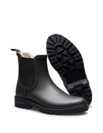 Semelle des Bottes de pluie Chelsea marron en caoutchouc naturel avec élastique latéral noir, doublure fausse fourrure et semelle crantée