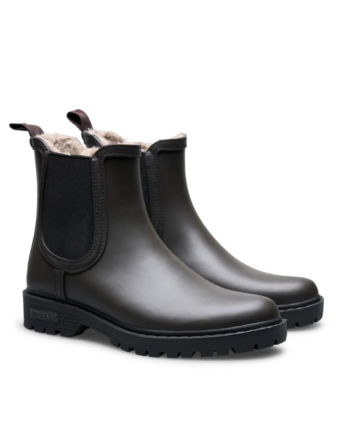 Bottes de pluie Chelsea marron en caoutchouc naturel avec élastique latéral noir, doublure fausse fourrure et semelle crantée
