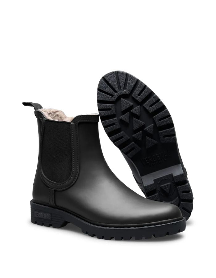 Semelle des Bottes de pluie Chelsea noires en caoutchouc naturel avec doublure en fausse fourrure, élastique latéral et semelle crantée