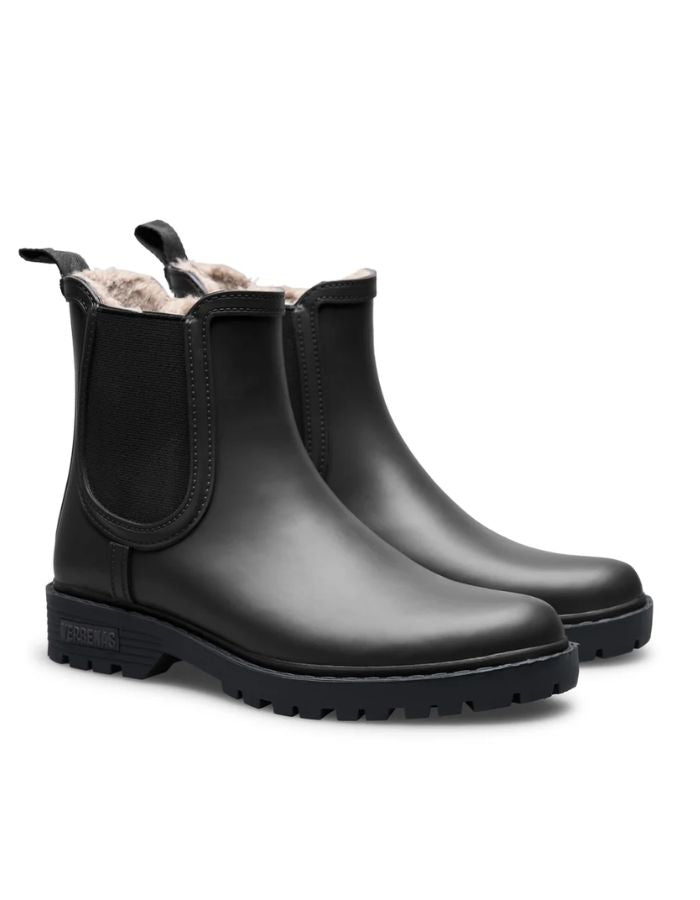 Bottes de pluie Chelsea noires en caoutchouc naturel avec doublure en fausse fourrure, élastique latéral et semelle crantée