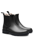 Bottes de pluie Chelsea noires en caoutchouc naturel avec doublure en fausse fourrure, élastique latéral et semelle crantée