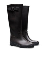 Paire de Bottes de pluie hautes pour femme en caoutchouc naturel marron smooth brown avec semelle et boucle noires, modèle Greta de la marque VERBENAS