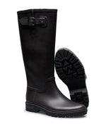 Semelle des Bottes de pluie hautes pour femme en caoutchouc naturel marron smooth brown avec semelle et boucle noires, modèle Greta de la marque VERBENAS