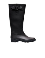Bottes de pluie hautes pour femme en caoutchouc naturel marron smooth brown avec semelle et boucle noires, modèle Greta de la marque VERBENAS