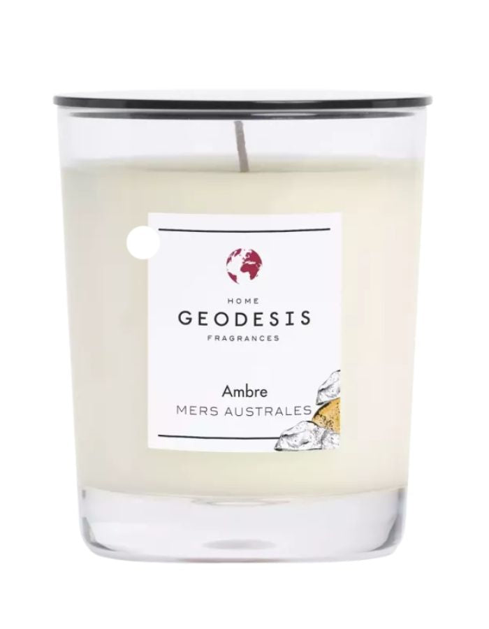 Bougie parfumee geodesis ambre 180g verre transparent ambre gris iode fabriquee en bretagne