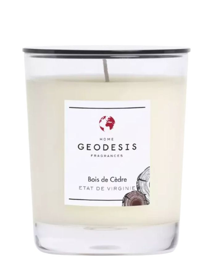 Bougie parfumee geodesis bois de cedre 180g verre transparent fabriquee en bretagne