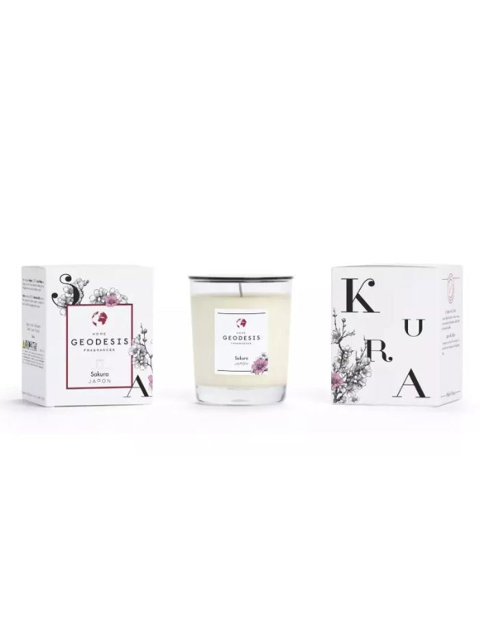 Emballage de la Bougie parfumee geodesis sakura 180g verre transparent fleurs de cerisier fabriquee en bretagne