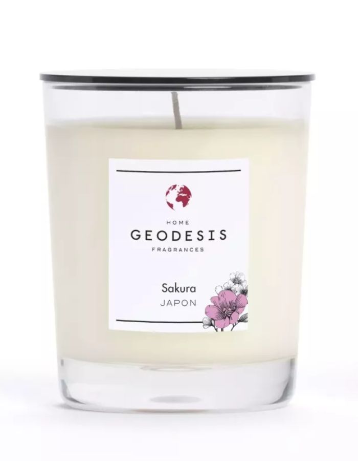 Bougie parfumee geodesis sakura 180g verre transparent fleurs de cerisier fabriquee en bretagne