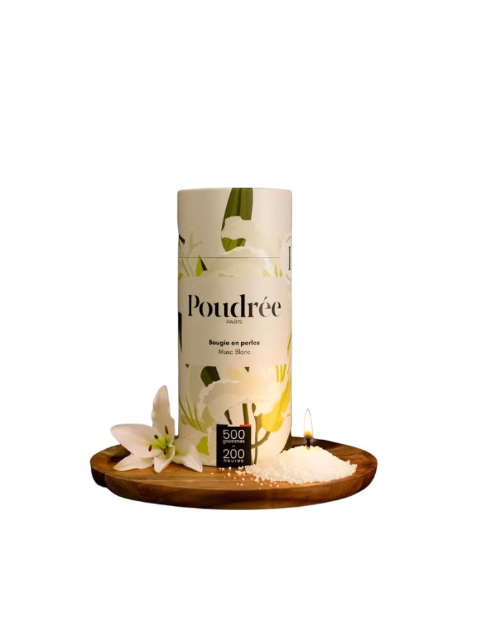 Sachet de 500g de perles de cire végétales parfumées au musc blanc Poudrée Paris avec mèches incluses