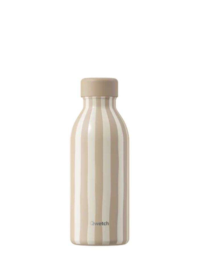 Bouteille isotherme ultra-compacte en inox recyclé couleur beige mat lin avec bouchon étanche en inox, modèle Icon Allure de la marque QWETCH.