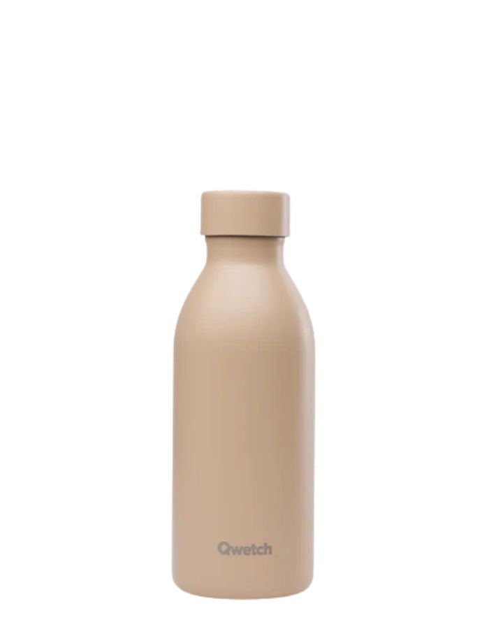Bouteille isotherme ultra-compacte en inox recyclé couleur beige mat lin avec bouchon étanche en inox, modèle Icon de la marque QWETCH