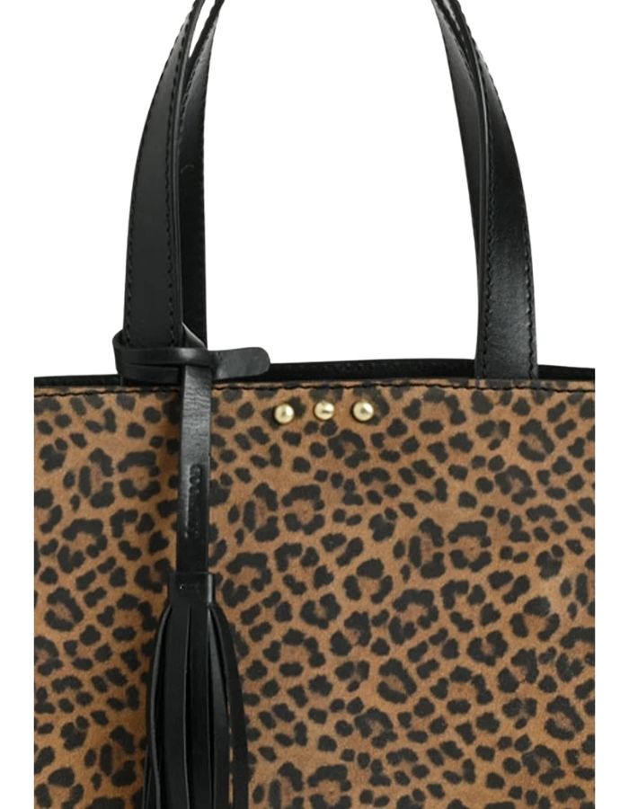 Ve de face du Petit sac cabas pour femme en cuir velours imprimé léopard avec clous métalliques, anses en cuir et bandoulière amovible, modèle Ramita de la marque Loxwood