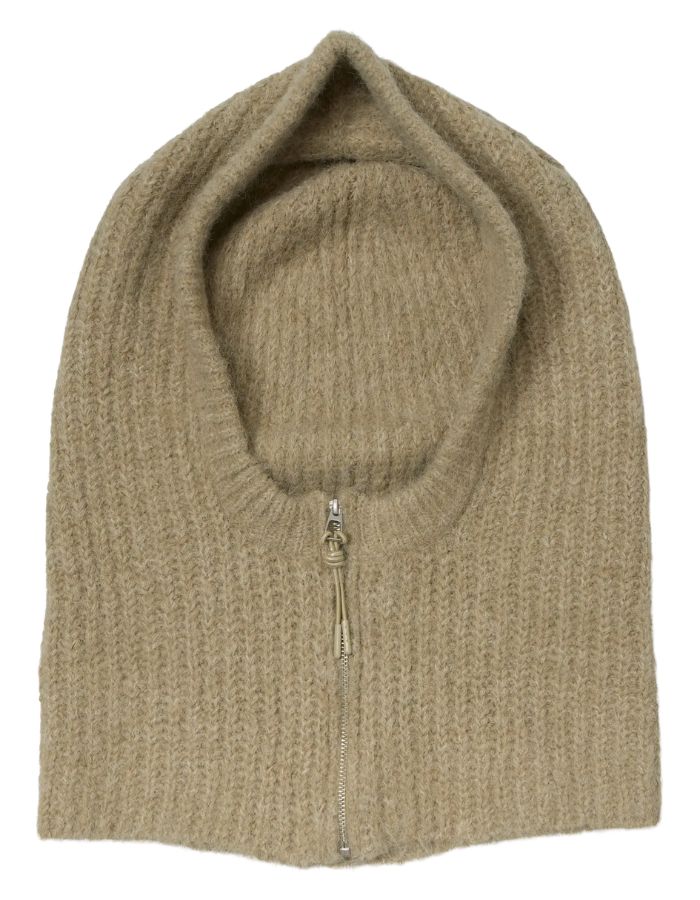 Cagoule zippee en maille cotele vert eucalyptus balaclava col capuche femme marque Object.