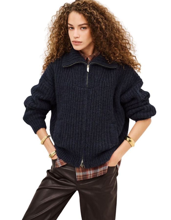 Cardigan belwane marine en maille alpaga mohair gilet bleu marine bash
