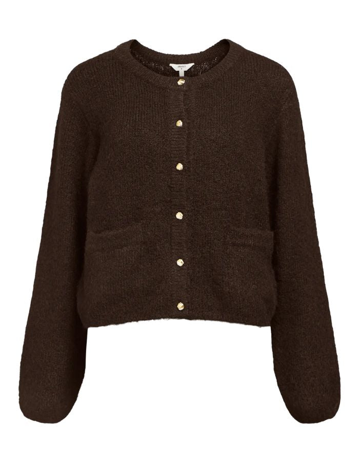 Gilet col rond boutonné pour femme en maille marron chocolat avec manches volumineuses, modèle Saggia de la marque OBJECT.